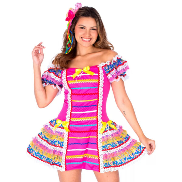 Vestido Festa Junina Cianinha Luxo Rosa Vermelho Caipira