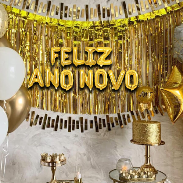 Kit Feliz Ano Novo 12 Balões 70cm Metalizado Bexiga Personalizada Inflável Comemoração Celebração de Final de Ano Festividades e Alegria