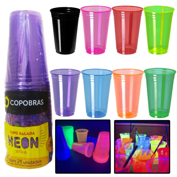 Copo Balada Neon C/25un 300ml Colorido Festa Balada Diversão