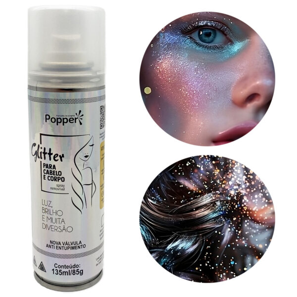 Spray Glitter Holográfico Para Cabelos E Corpo 135ml Popper